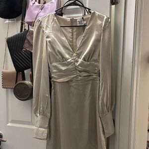 NWT Princess Polly Satin Long Sleeve Deliah Mini Dress in Champagne